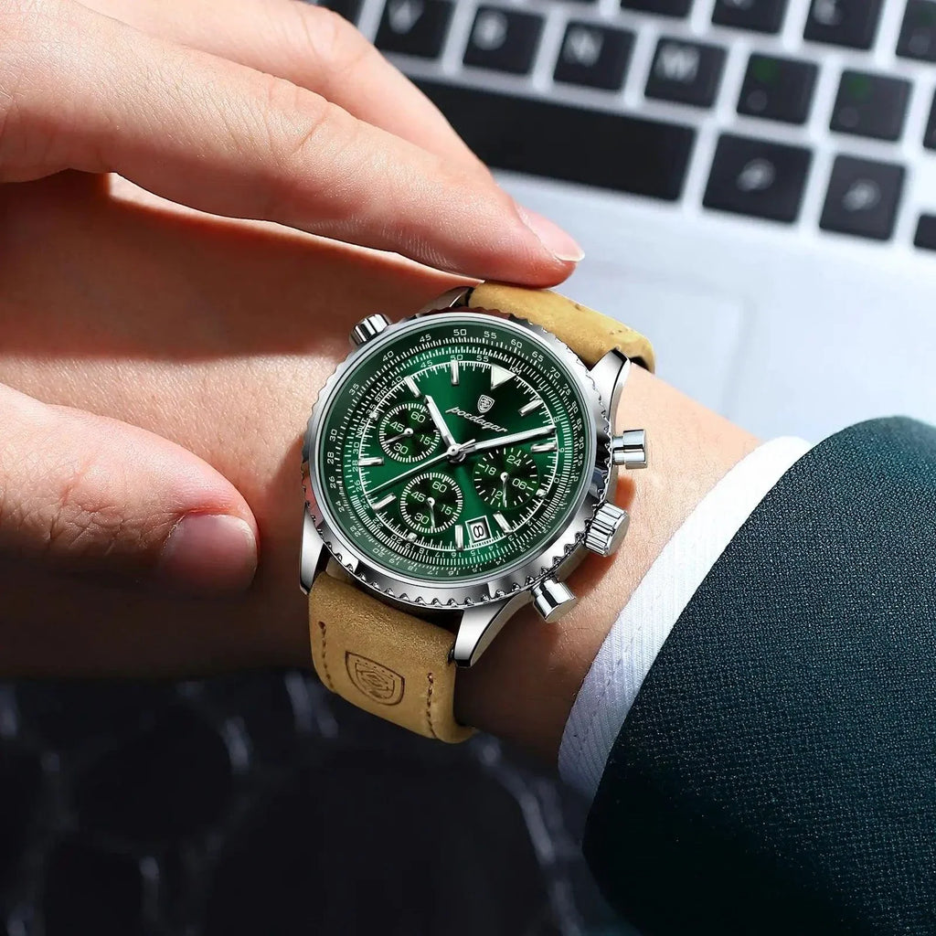 POEDAGAR Men's Luxury Quartz Chronograph Watch - Waterproof, Luminous, Leather - Military Sports Style