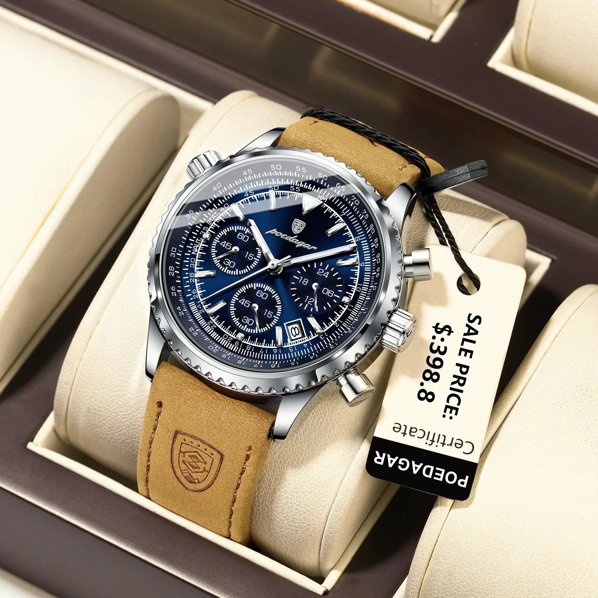 POEDAGAR Men's Luxury Quartz Chronograph Watch - Waterproof, Luminous, Leather - Military Sports Style
