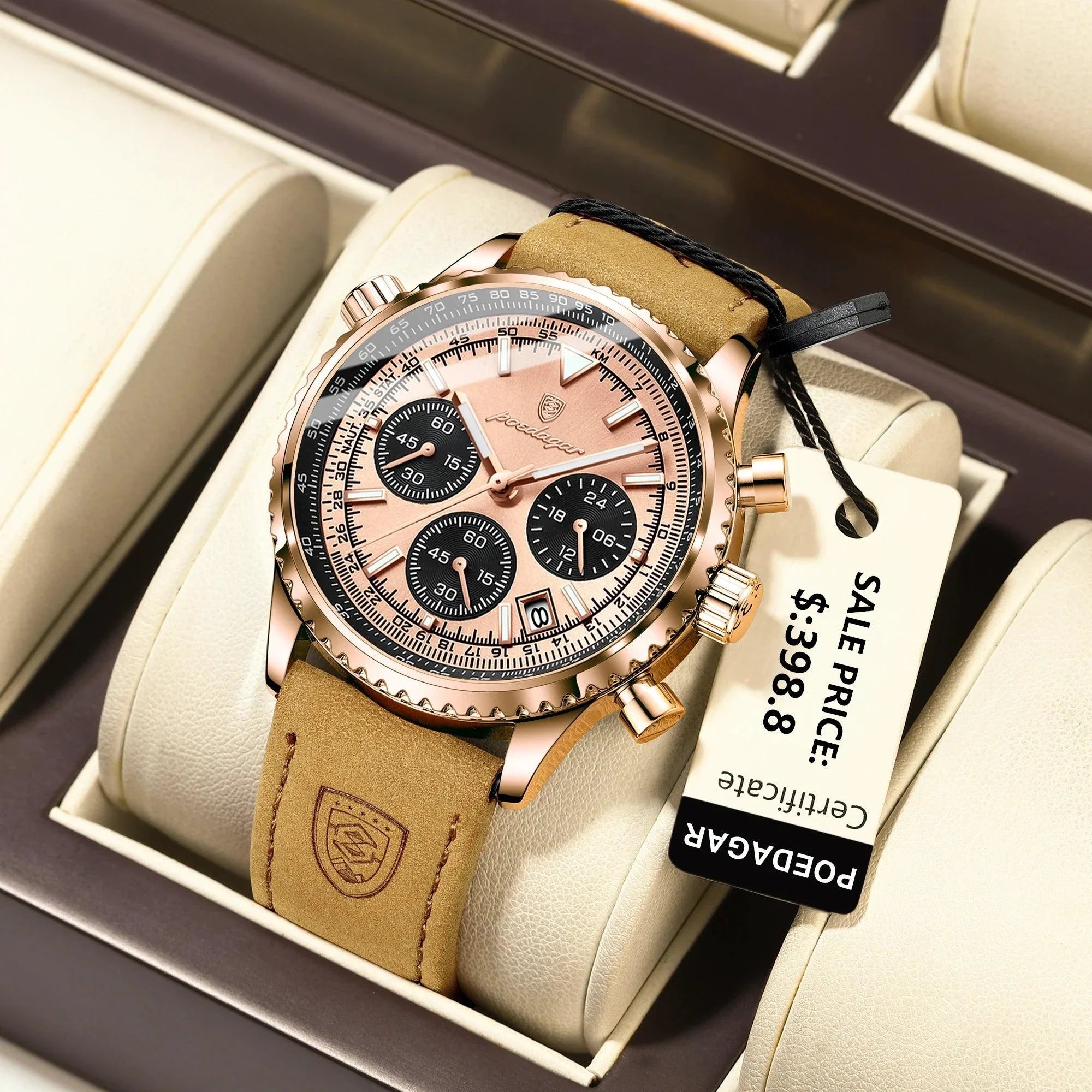 POEDAGAR Men's Luxury Quartz Chronograph Watch - Waterproof, Luminous, Leather - Military Sports Style