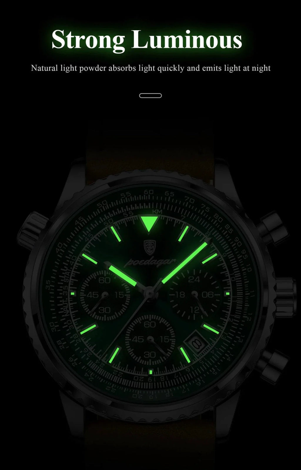 POEDAGAR Men's Luxury Quartz Chronograph Watch - Waterproof, Luminous, Leather - Military Sports Style
